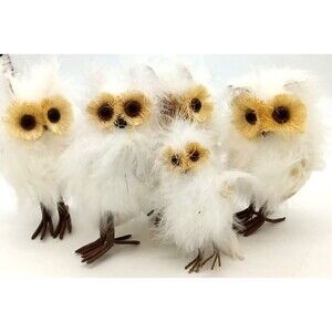 Vintage Adorable 5 White Woodland Snow Owls Faux Fur Big Eyes